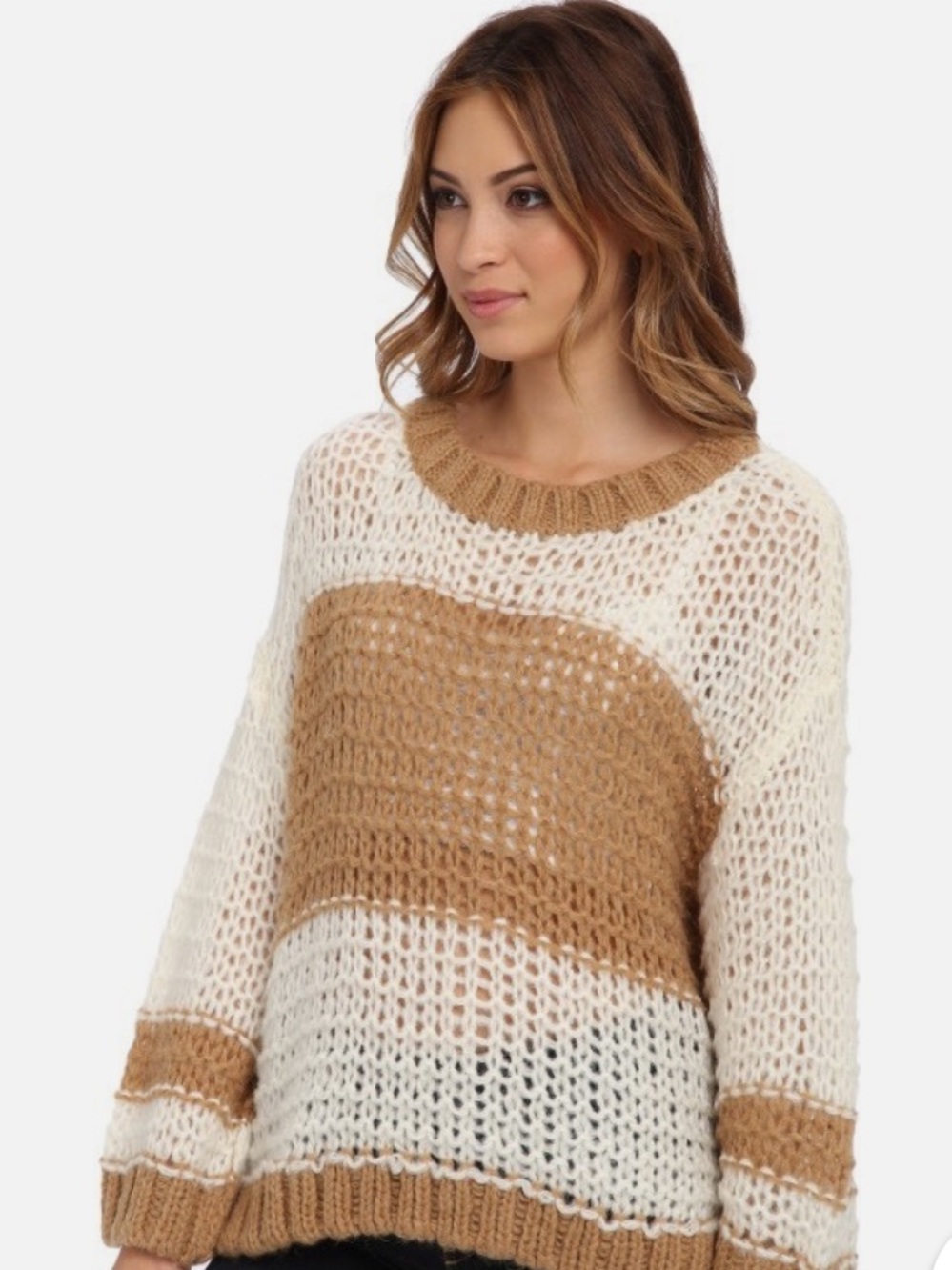 Free People Ivory and Tan Open-Knit Stripe Pullover